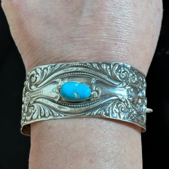 Antique Sterling Silver Cuff Bracelet Sleeping Beauty Turquoise 925 Victorian - Picture 8 of 10